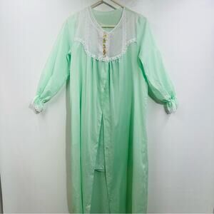 Sears Vintage Robe & Night Gown Green Floral Lace Embroidered Sleepwear Size S